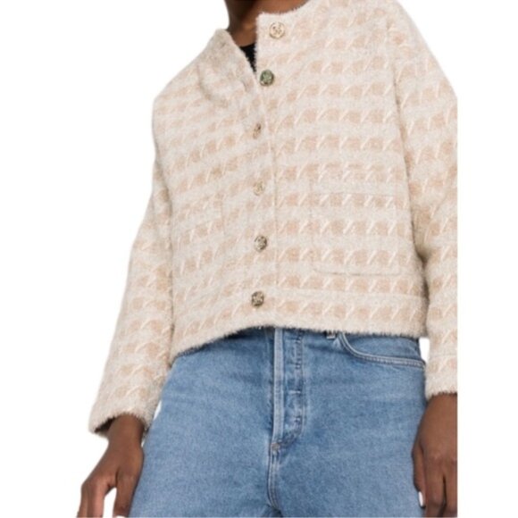 Sandro Maria Houndstooth Cardigan Gold Metallic Beige - Picture 2 of 9